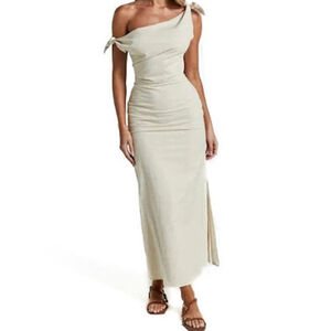 Showpo Cincinnati Midi Dress in Beige Off Shoulder Column Linen Cottage Chic S 6